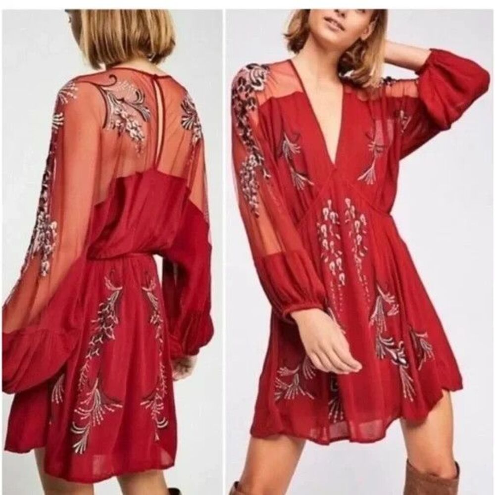 Free People Bonjour Mini Dress Size L Red Embroidered Floral Ballon Flowy Boho